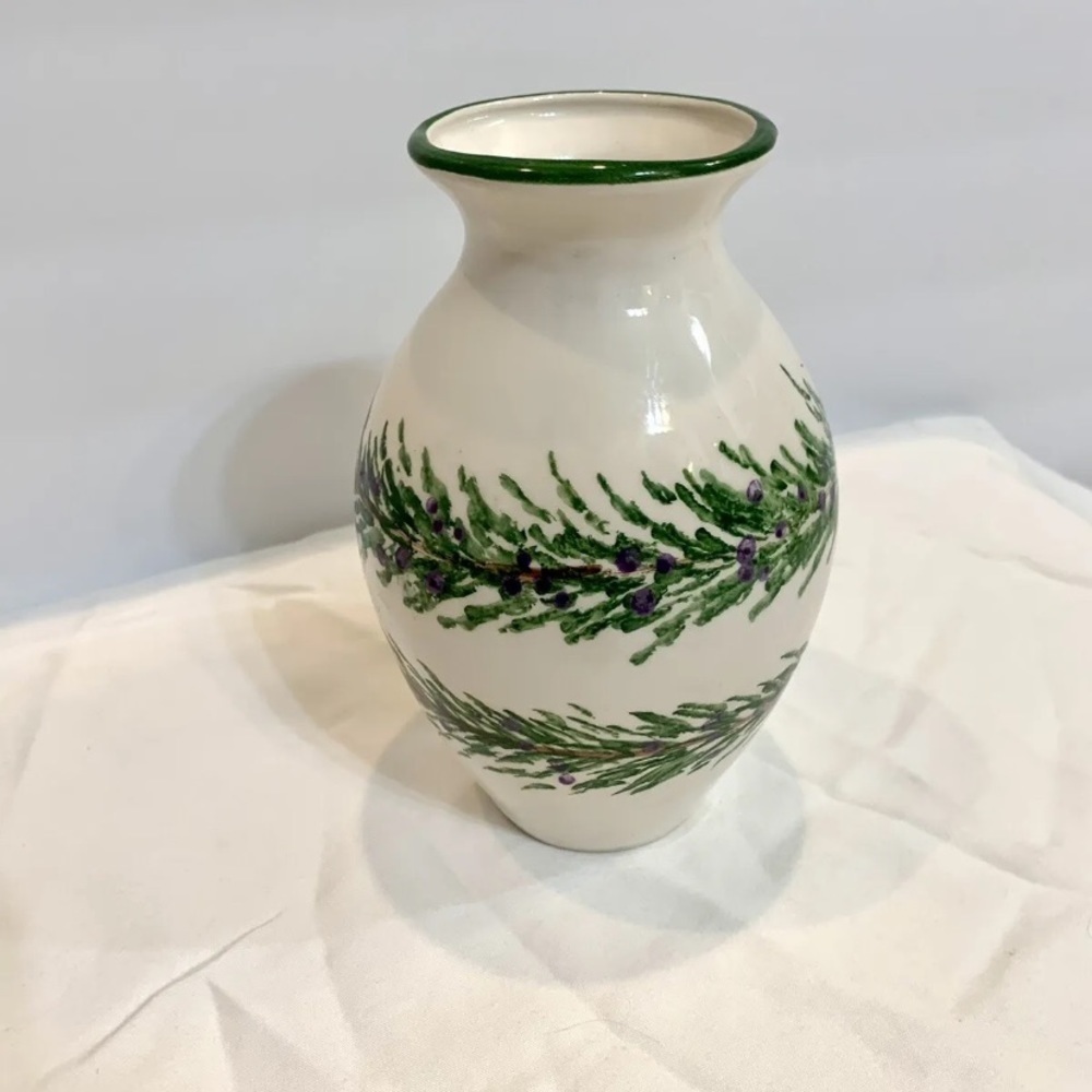 Bermuda Clayworks White Ceramic Vase w/ Fir Tree Branch Pattern 6” tall